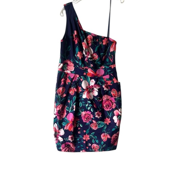 NWT Eliza J Blue Pink Green Floral One Shoulder Sheath Dress Size 14 - Picture 2 of 12